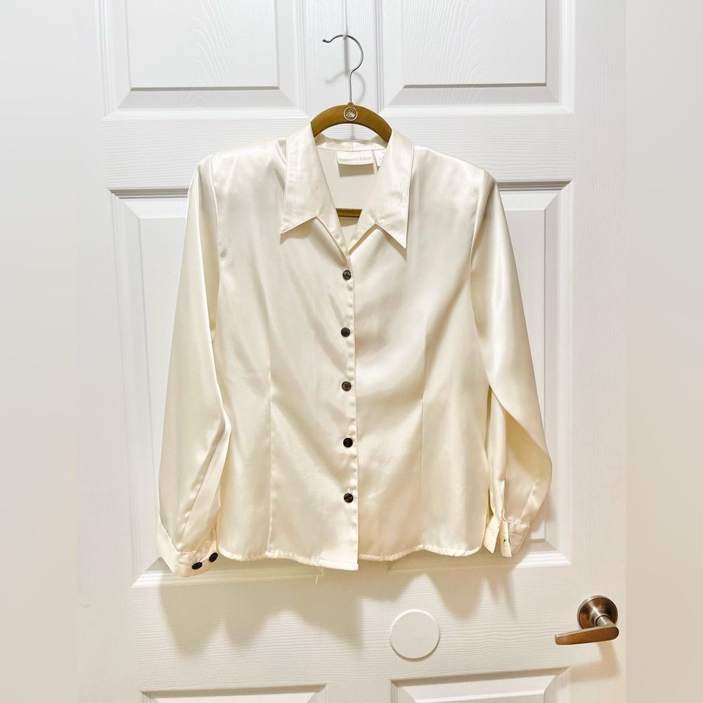 Vintage Christie & Jill Womens Button Up Top Petite 8P Long Sleeve Semi Sheer